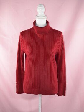 Talbots Red Ribbed Turtleneck Top Red/Gold Button Cuffs | Size L Petite